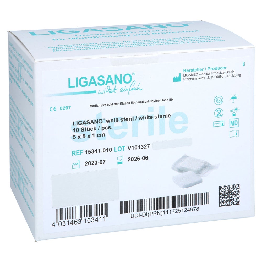 Ligasano Weiß Verband 1x5x5 Cm Steril 10 St