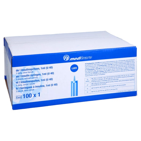 Insulinspritze 1 ml U40 o.Kanüle 3t.Luer 100 St