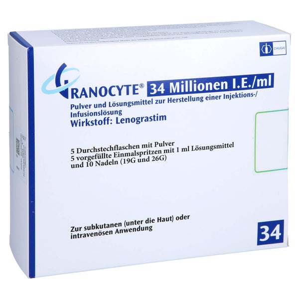GRANOCYTE 34 Mio.I.E./ml P.u.LM H.Inj./Inf.-L.Spr. 5 St